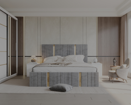 Set Dormitor Sebastian auriu cu oglinda, Pat 160x200cm, Gri deschis+ Alb, Pal 18 mm [3]