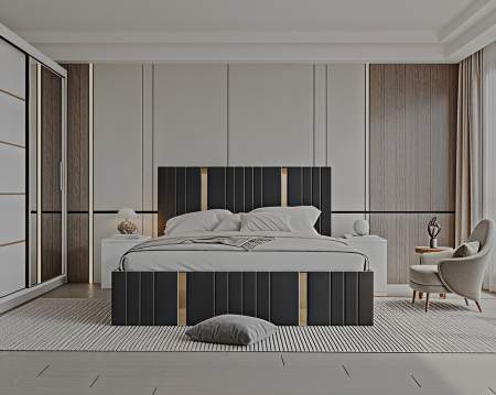 Set Dormitor Sebastian auriu cu oglinda, Pat 160x200cm, Gri inchis + Alb, Pal 18 mm [4]