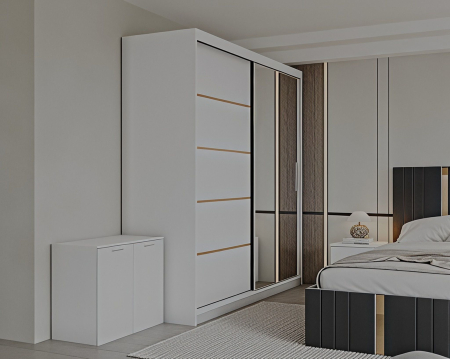 Set Dormitor Sebastian auriu cu oglinda, Pat 160x200cm, Gri inchis + Alb, Pal 18 mm [1]