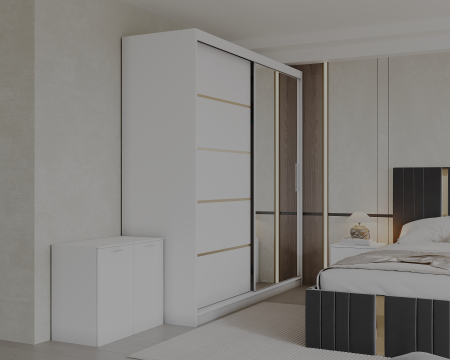 Set Dormitor Sebastian auriu cu oglinda, Pat 160x200cm, Gri inchis + Alb, Pal 18 mm [1]