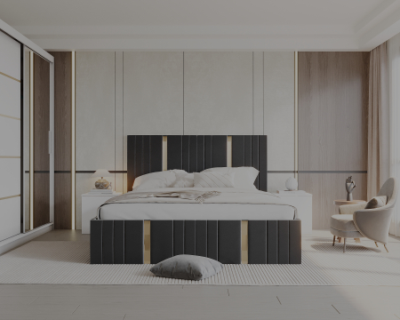 Set Dormitor Sebastian auriu cu oglinda, Pat 160x200cm, Gri inchis + Alb, Pal 18 mm [3]