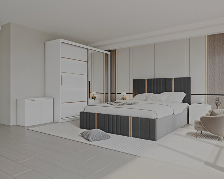 DORMITOARE COMPLETE - Set Dormitor Sebastian auriu cu oglinda, Pat 160x200cm, Gri inchis + Alb, Pal 18 mm