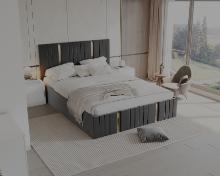 Set Dormitor Sebastian auriu cu oglinda, Pat 160x200cm, Gri inchis + Alb, Pal 18 mm [2]