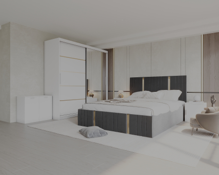 DORMITOARE COMPLETE - Set Dormitor Sebastian auriu cu oglinda, Pat 160x200cm, Gri inchis + Alb, Pal 18 mm