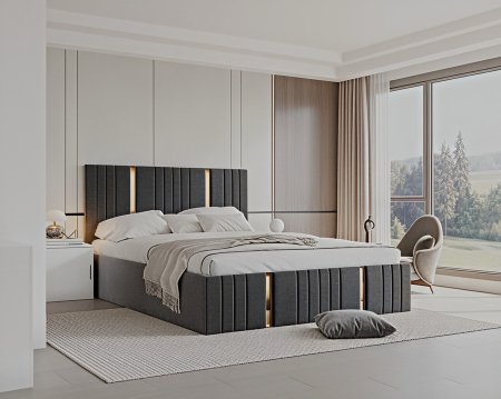 Set Dormitor Sebastian auriu cu oglinda, Pat 160x200cm, Gri inchis + Alb, Pal 18 mm [2]