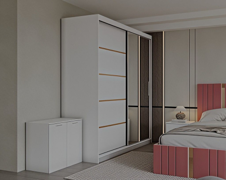 Set Dormitor Sebastian auriu cu oglinda, Pat 160x200cm, Roz + Alb, Pal 18 mm [1]