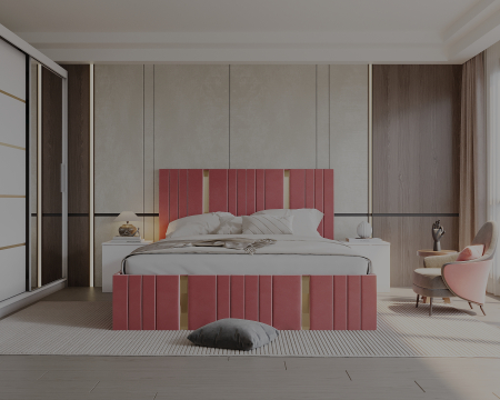 Set Dormitor Sebastian auriu cu oglinda, Pat 160x200cm, Roz + Alb, Pal 18 mm [3]