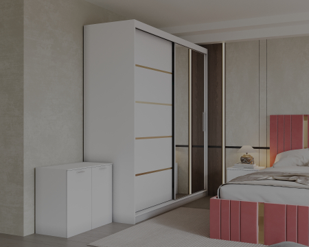 Set Dormitor Sebastian auriu cu oglinda, Pat 160x200cm, Roz + Alb, Pal 18 mm [1]