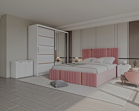DORMITOARE COMPLETE - Set Dormitor Sebastian auriu cu oglinda, Pat 160x200cm, Roz + Alb, Pal 18 mm