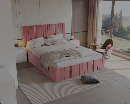 Set Dormitor Sebastian auriu cu oglinda, Pat 160x200cm, Roz + Alb, Pal 18 mm [4]