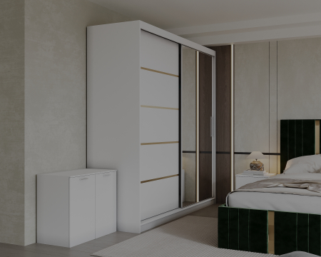 Set Dormitor Sebastian auriu cu oglinda, Pat 160x200cm, Verde + Alb, Pal 18 mm [1]