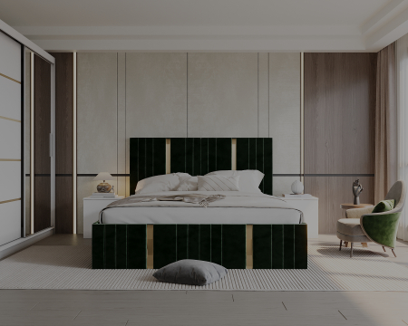 Set Dormitor Sebastian auriu cu oglinda, Pat 160x200cm, Verde + Alb, Pal 18 mm [4]