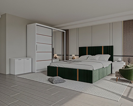 DORMITOARE COMPLETE - Set Dormitor Sebastian auriu cu oglinda, Pat 160x200cm, Verde + Alb, Pal 18 mm