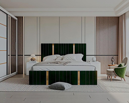 Set Dormitor Sebastian auriu cu oglinda, Pat 160x200cm, Verde + Alb, Pal 18 mm [4]