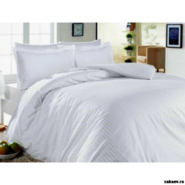 Lenjerie pat 1p bumbac damasc dungi late alb – 4 piese [3]