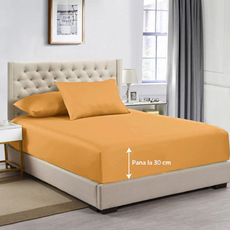 Cearceaf de pat cu elastic, bumbac natural 100%, mustar [2]