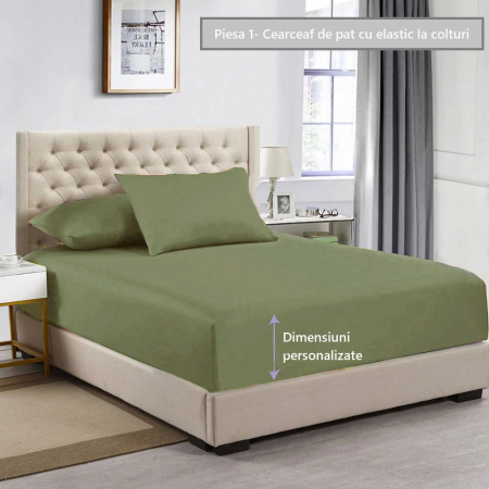 Cearceaf de pat cu elastic, bumbac natural 100%, verde army [2]