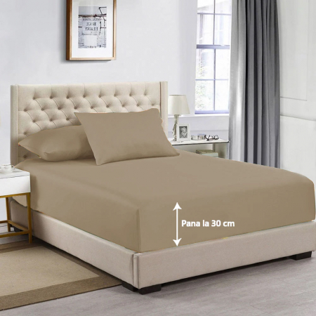 Cearceaf de pat cu elastic, bumbac natural 100%, maro [3]