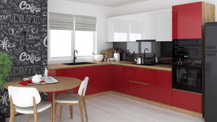 Bucatarie colt Chelsea V2, 221 300x60x200 cm, Alb Rosu  Stejar K003
