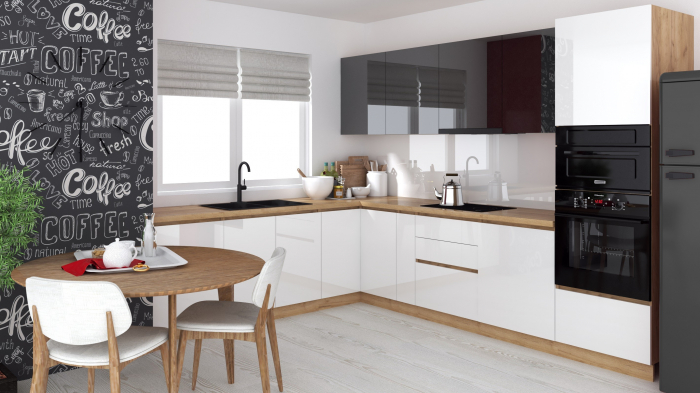 Bucatarie colt Chelsea V2 ,221 300x60x200 cm, Gri antracit , Alb  Stejar K003