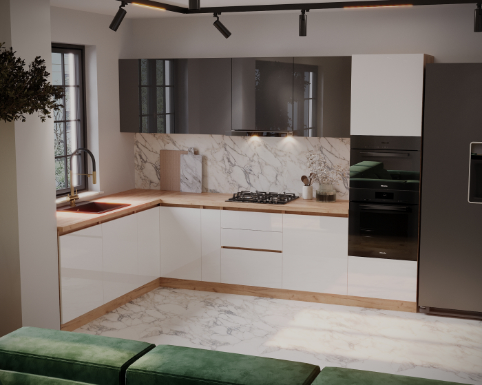 Bucatarie colt Chelsea V2 Gri Antracit Alb Stejar K003  221/300x60x200 cm [4]