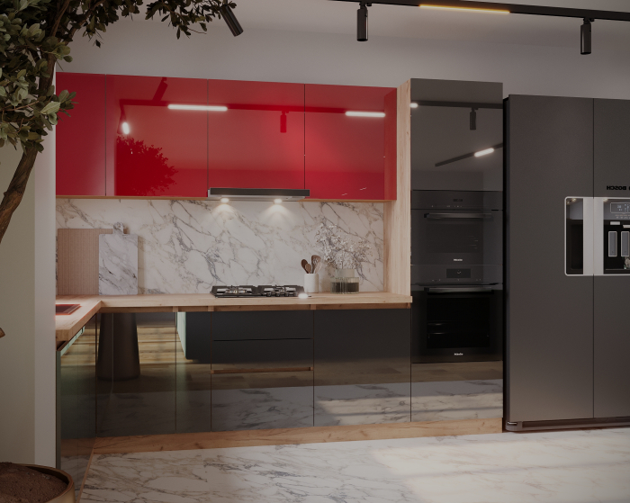 Bucatarie colt Chelsea V2 Rosu Antracit Stejat k003 221/300x60x200 cm [2]