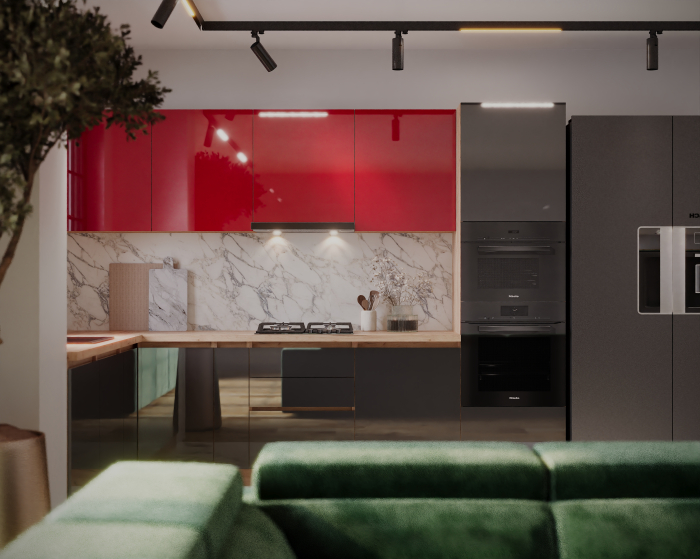 Bucatarie colt Chelsea V2 Rosu Antracit Stejat k003 221/300x60x200 cm [4]