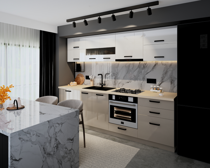 Bucatarie Daria MDF, V1 260x60x200cm, Alb+Cappuccino [2]