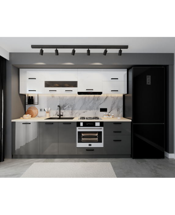 Bucatarie Daria MDF, 260x60x200cm, Alb+Gri antracit