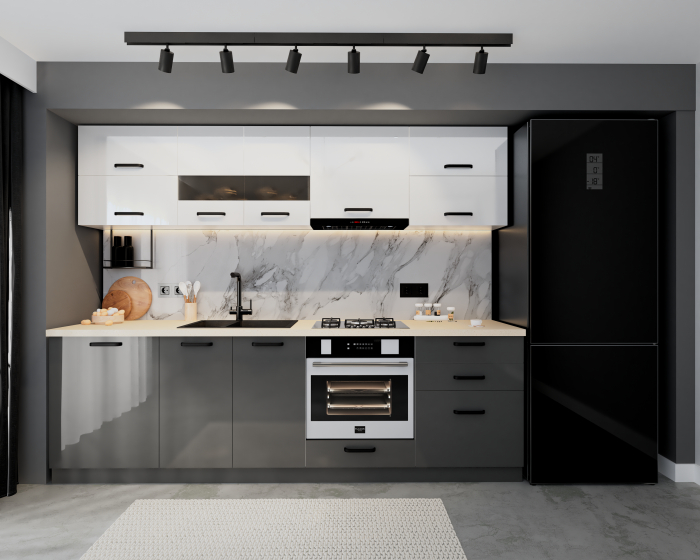 Bucatarie Daria MDF, V1 260x60x200cm, Alb+Gri antracit