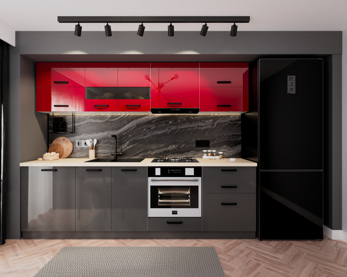 Bucatarie Daria MDF, V1 260x60x200cm, Rosu+Gri antracit