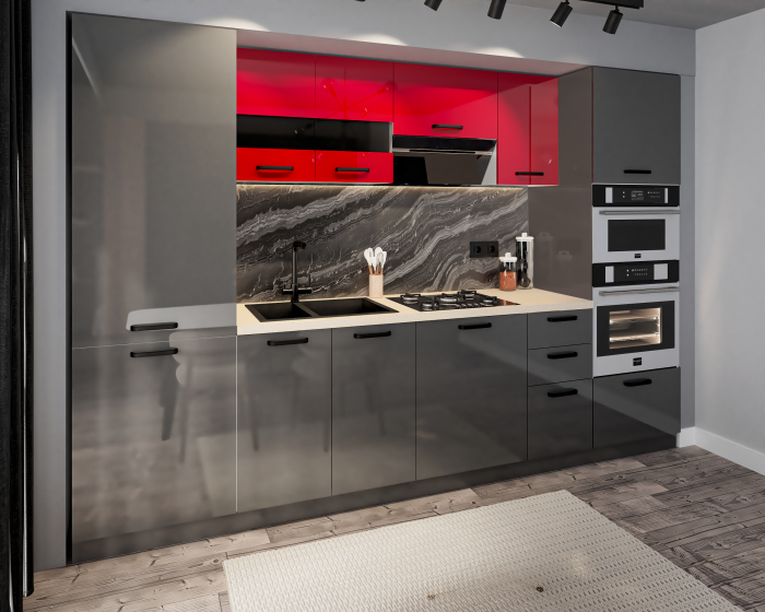 Bucatarie Daria, MDF Rosu+Gri antracit, 303x60x200cm