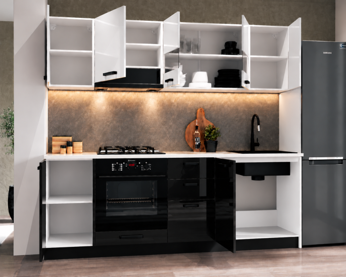 Bucatarie Daria MDF V1, 220x60x200cm, Acril Alb+Negru [3]