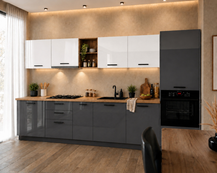 Bucatarie Daria MDF V1 Alb lucios/Antracit 340x60x200cm [3]