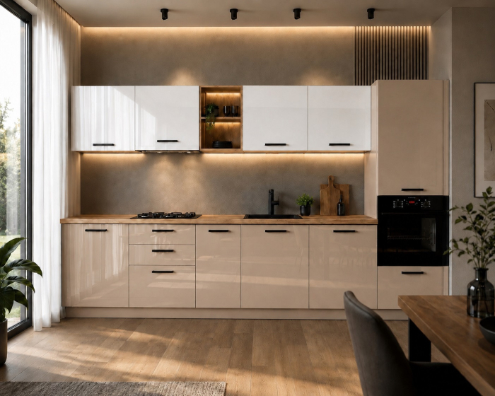 Bucatarie Daria MDF V1 Alb lucios/Cappuccino 340x60x200cm [3]