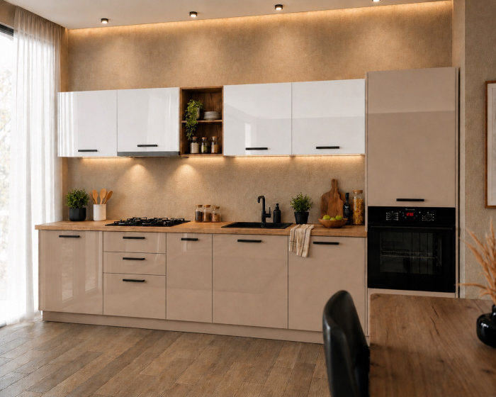 Bucatarie Daria MDF V1 Alb lucios/Cappuccino 340x60x200cm [2]