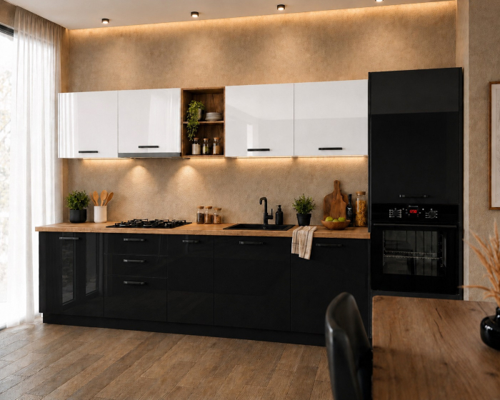 Bucatarie Daria MDF V1 Alb lucios/Negru 340x60x200cm [2]