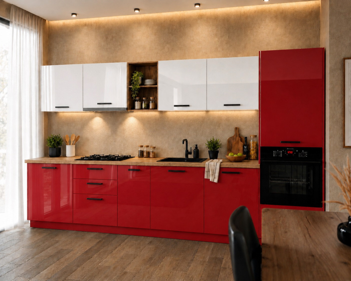 Bucatarie Daria MDF V1 Alb lucios/Rosu 340x60x200cm [2]