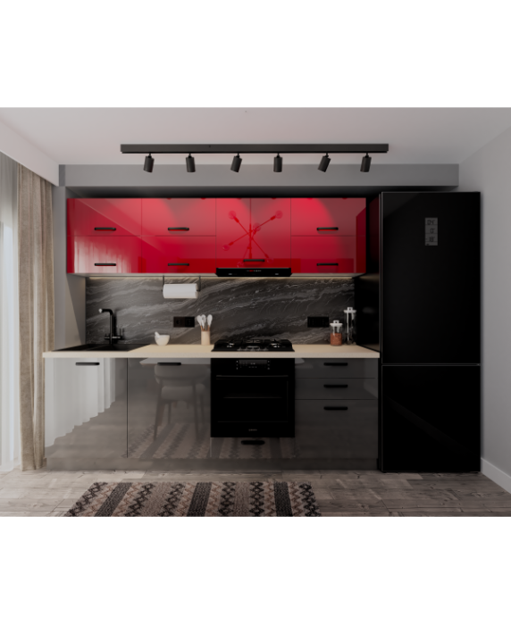 Bucatarie Daria V2, 240x60x200cm, Rosu+Antracit