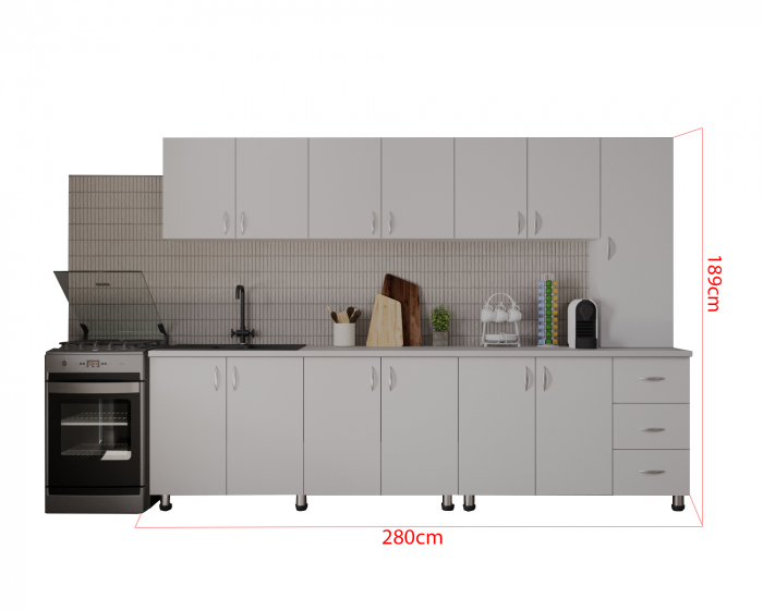 Bucatarie Yustina Alb+Argintiu, 280x43x189cm [5]