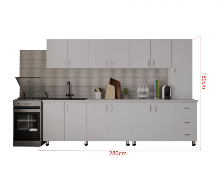 Bucatarie Yustina Alb+Argintiu, 280x43x189cm [12]