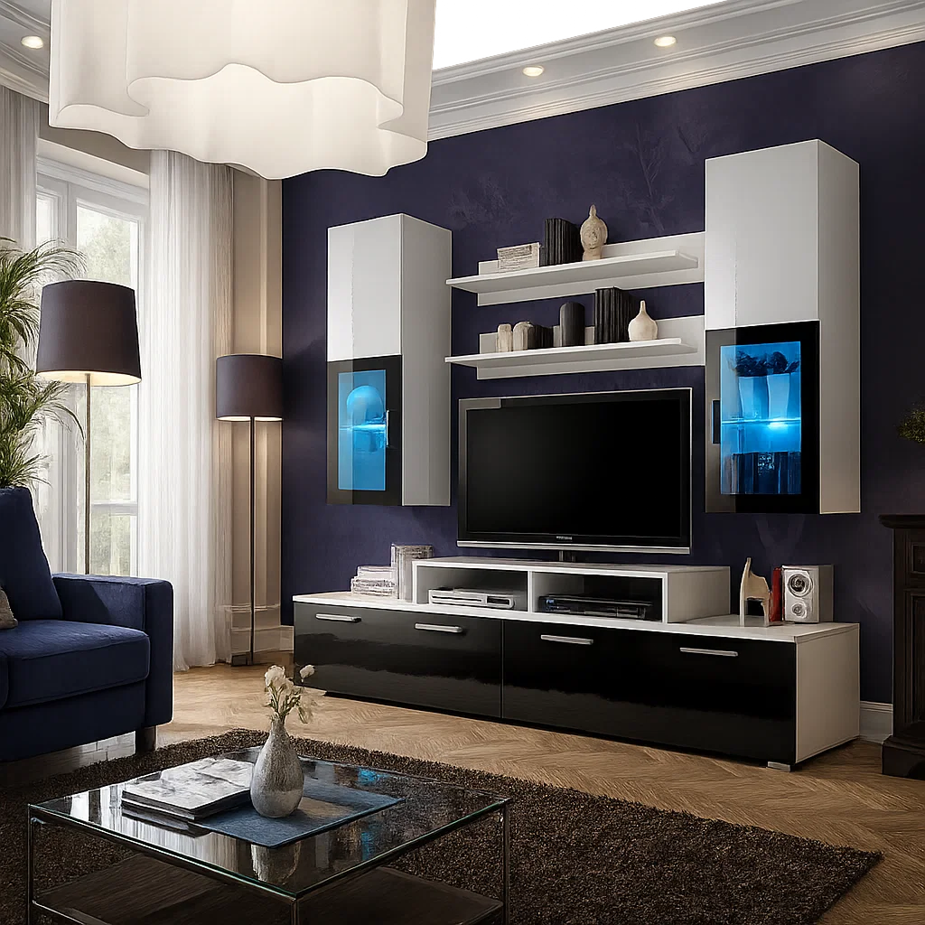 Living Mini Alb + Negru Lucios, 200x45x190 cm