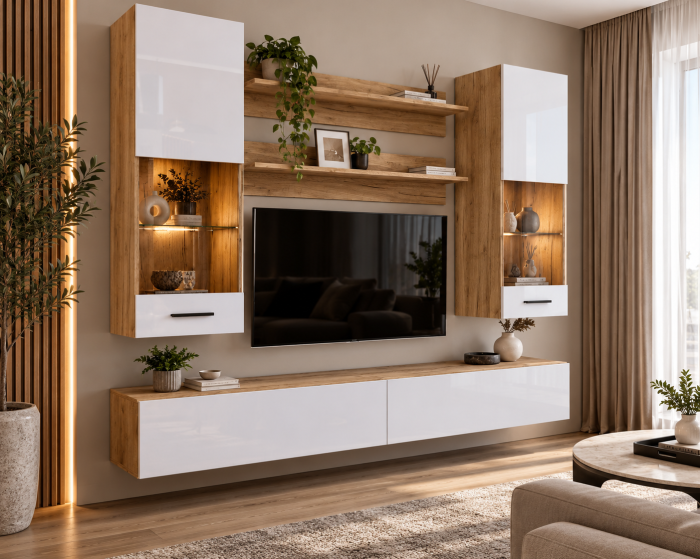 Living MP5 Stejar K003 + Acril alb, Negru, Cappuccino K003+ALB [2]