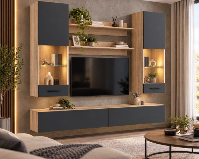 Living MP5 Stejar Sonoma+Alb mat, antracit, gri ciment Sonoma+Antracit [2]