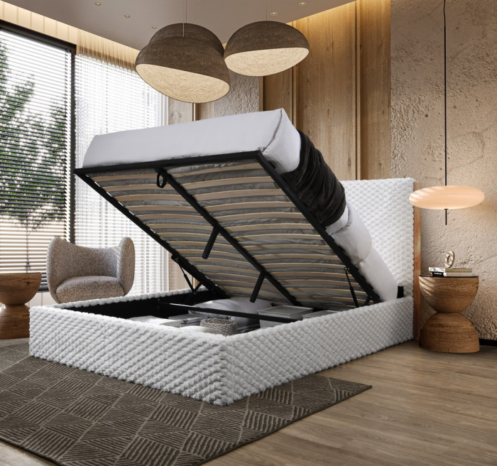 Pat tapitat Nordic Bej cu stofa bucla cu somiera metalica rabatabila si spatiu de depozitare 160x200 cm [2]