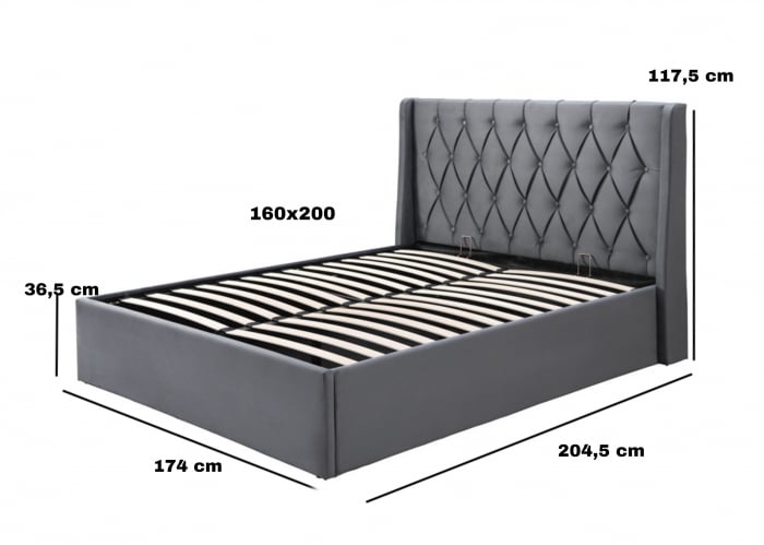 Pat tapitat Prestige 1, 160x200, cu somiera metalica rabatabila si spatiu de depozitare, culoare Gri [7]
