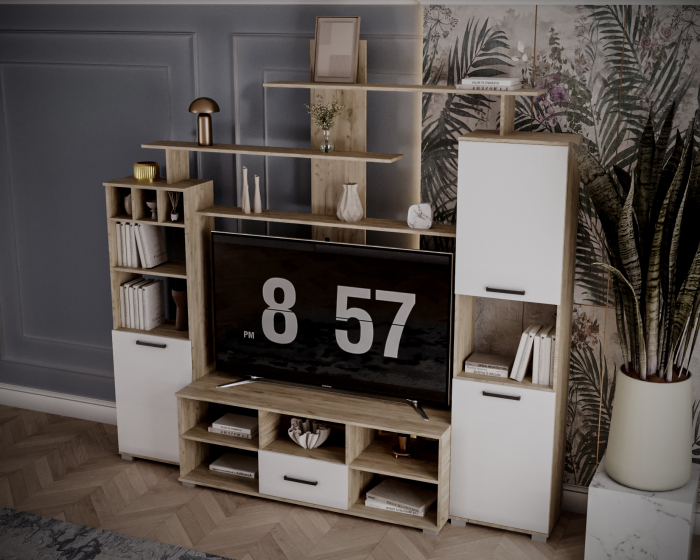 Set Living Geo , 247x45x210 cm, Stejar k002  Acril Alb