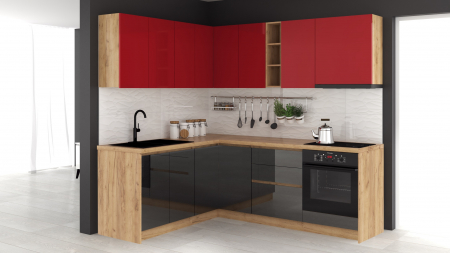 MOBILIER BUCATARIE - Bucatarie colt Chelsea V1, Rosu+Andracit