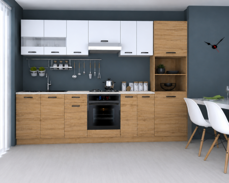 MOBILIER BUCATARIE - Bucatarie Vio C Stejar K003 Alb 300x60x200 cm