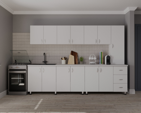 MOBILIER BUCATARIE - Bucatarie Yustina Alb+Argintiu, 280x43x189cm